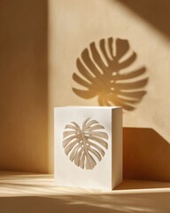 Wall Mural - Minimalist White Podium with Soft Shadow and Leaf Motif Design