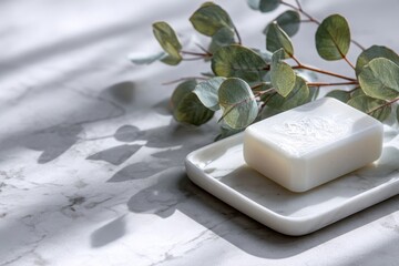 Wall Mural - White Soap on Elegant Bathroom Counter with Eucalyptus Leaves