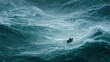 © Formoney - A small boat navigates through tumultuous waves in a stormy ocean. The turbulent waters crash around the vessel as dark clouds loom overhead, creating a dramatic scene of survival.