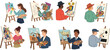©  Alexander Creations - Artists painting, diverse styles, abstract and surreal art, creative expression, canvas illustration, easel setup, colorful characters, artistic techniques, studio scene, visual storytelling