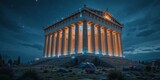 Mystical Parthenon Temple with Glowing Magical Energy at Night