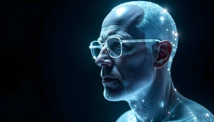 A hyper-realistic cinematic portrait of a man with a head entirely made of sparkling diamond crystal, reflecting light in a prism-like effect. Even his glasses are sculpted from pure diamond