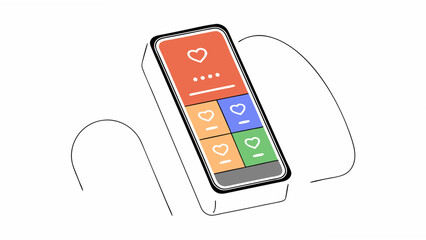 Hand holding a smartphone with a social media interface displaying hearts