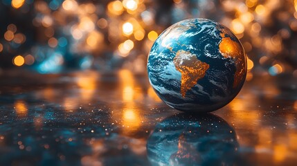 Wall Mural - A glowing representation of Earth sits on a reflective surface with a bokeh background of orange and blue lights