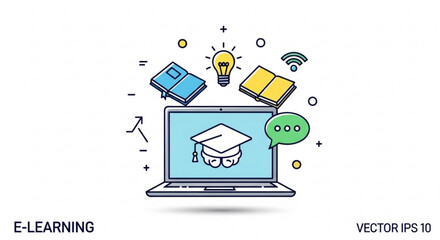 Elearning concept with laptop, books, graduation cap, light bulb, and speech bubble online education