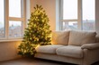 © fotogurme - Cozy sofa by twinkling fairy-lit evergreen, evoking Yuletide serenity, hygge charm, and festive glow, perfect for Christmas Eve reveries