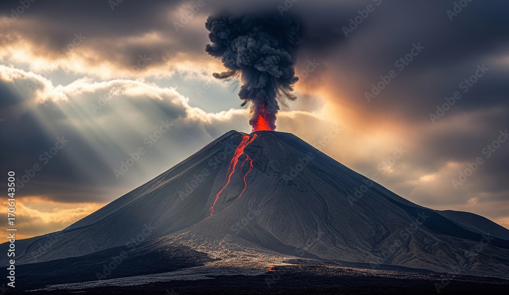 Dramatic Volcano Eruption with Lava Flow and Ash Cloud Under Stormy ...