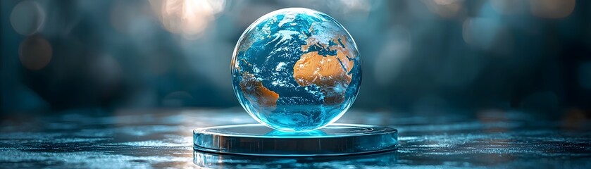 Wall Mural - A glowing blue sphere representing Earth floats on a futuristic pedestal against a dark bokeh background