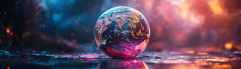 a futuristic glowing earth globe with vibrant neon reflections set against a dark atmospheric cosmic
