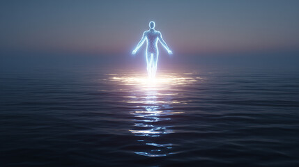 Wall Mural - A glowing figure levitating above water with ripples below