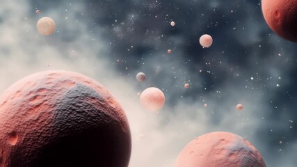Wall Mural - A cosmic video scene with a wide-angle view of pink planets and stars, creating a dreamy, ethereal space atmosphere with a soft focus. Live desktop wallpaper.