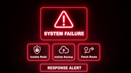 System Failure response notification on digital interface in data center server room with isolate node initiate backup patch route options. glowing neon lights cybersecurity hacking Warning