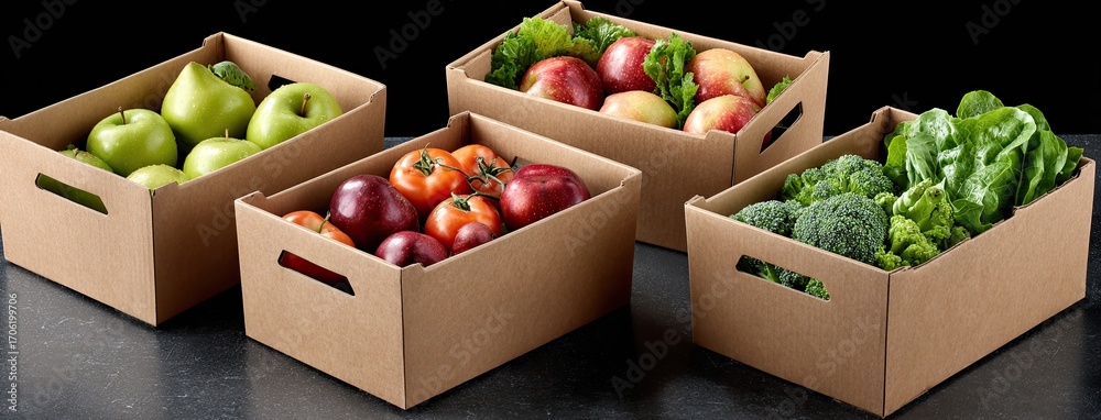 Colorful assortment of fresh fruits and vegetables stacked in cardboard ...