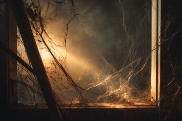 A haunting image of a sunlit cobweb draped over an abandoned window, symbolizing decay and the passage of time.