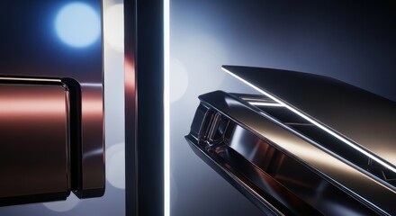 Futuristic abstract metallic shapes with soft bokeh light effects
