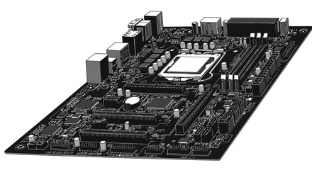 Monochrome motherboard design highlighting electronic components and circuitry