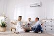 © New Africa - Little boy with air conditioner remote control and his parents at home