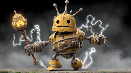 Rusty robot, torch, storm, fantasy
