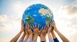 © Shayful Islam GFX - Many hands holding the world globe, symbolizing global cooperation, unity, and environmental protection, showcasing a shared responsibility for the planets future and sustainability