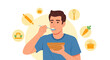 © Farah - Man Eating With Kitchen Tools Illustrations, Healthy Eating, Cooking, Nutrition, Diet, Isolated