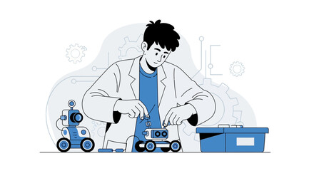 Scientist Assembling Tiny Robot, Robotics, Futuristic Concept, Technology Illustration