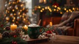 Warm Christmas holiday scene with steaming hot cocoa and marshmallows, glowing candle, decorated tree, festive gifts and cozy fireplace creating magical winter atmosphere of comfort and joy