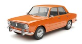 A cartoon-style old sedan car in solid orange color, glossy reflections, cartoon shading, clean and simple, isolated on white background, no marks.