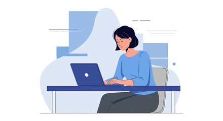 Woman Concentrating on Laptop: Modern Office Illustration, Working On A Digital Device