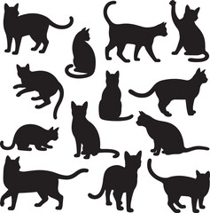  playful cat silhouette in various poses. cat vector are Perfect for pet themed vector illustrations. Captures the essence of feline behavior and movement