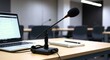 © kilimni - Microphone and laptop at desk for seminar, conference or presentation. Education in high school, college, university concept. Learning and sharing research