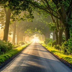  Beautiful tree-lined road with mist and golden sunlight creating a dreamy morning scene.