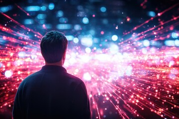 A person stands in awe, gazing at a vibrant array of colorful lights and abstract patterns, symbolizing creativity and the limitless possibilities of imagination.