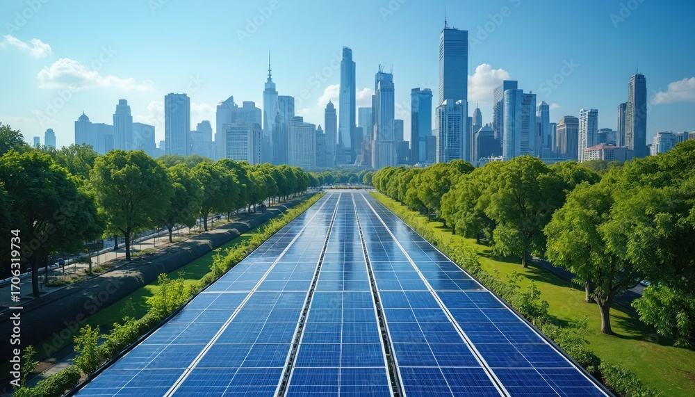 Vast solar panel field in a modern city with a skyline of tall ...