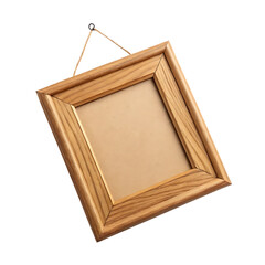 Empty square wooden picture frame hanging suspended isolated studio shot isolated on transparent background