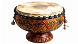 Traditional hand drum with taut light-colored drumhead secured by metal fasteners, featuring a round body with flared base and intricate geometric patterns in earthy tones—red, green, orange—set again