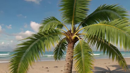 Three dimensional rendered illustration of tropical palm plant featuring verdant fronds and textured brown stem