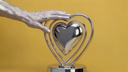 shiny silver heart-shaped trophy rendered in 3d sitting on bright yellow background