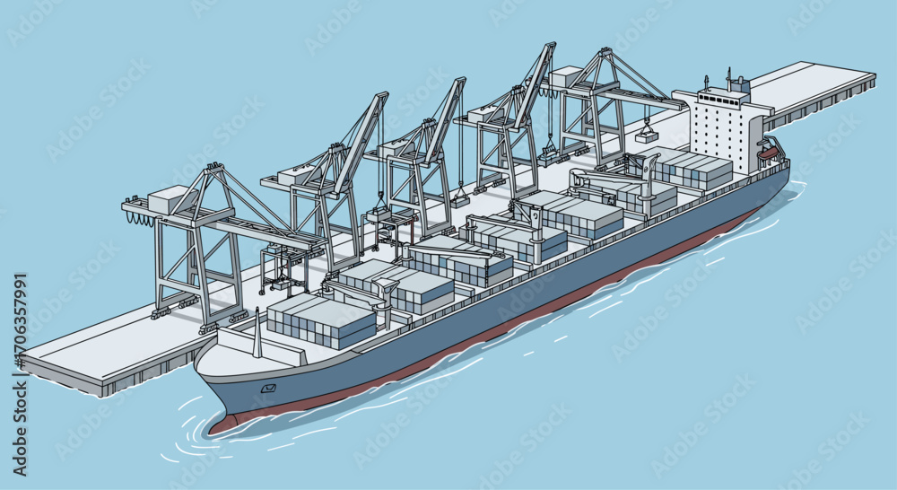 Massive cargo ship docking at port with towering cranes actively ...