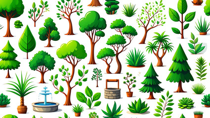 Collection of various green trees and plants in a flat design style