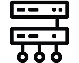 A bold line icon illustrating a server cluster and network infrastructure, part of a set of icons representing various technology concepts