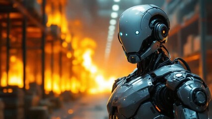 Futuristic robot in warehouse setting