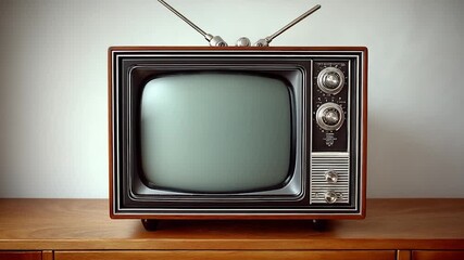 Vintage television set with rabbit ears, on wooden cabinet