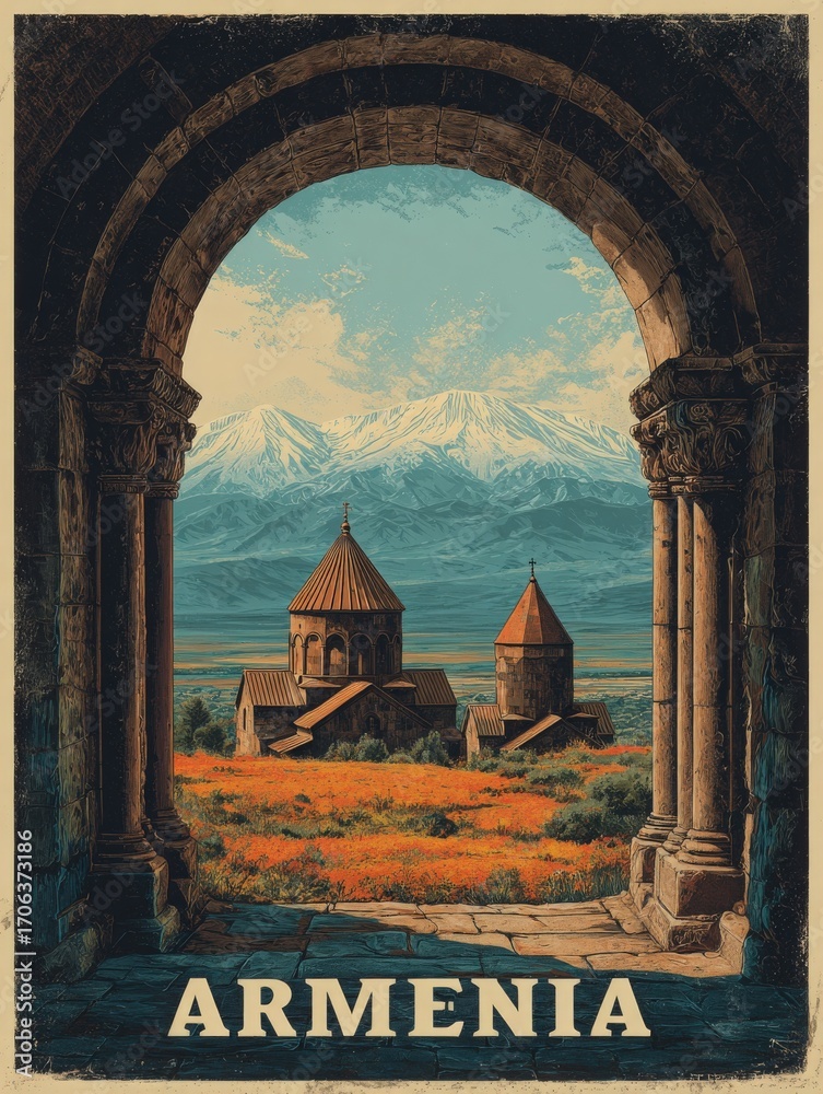 A beautiful view of ancient Armenian churches framed by stone arches. Snow-capped mountains rise in the background, while vibrant orange fields add color to the landscape.