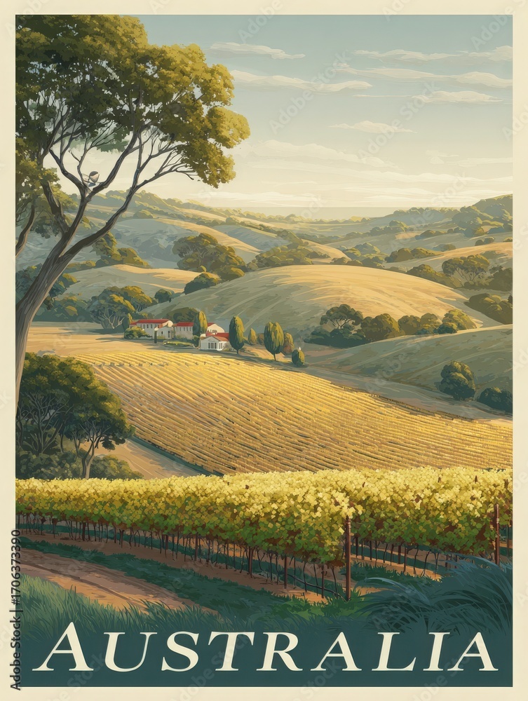 A scenic view of a vineyard located in Australia features lush grapevines and rolling hills under a clear sky. A charming farmhouse is nestled among the greenery, creating a peaceful atmosphere.