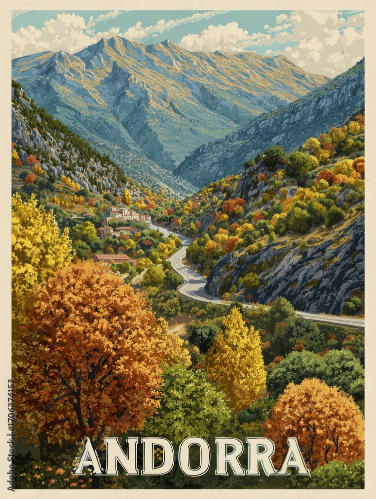 Majestic mountains surround a winding road through Andorra, showcasing vibrant autumn foliage. Rich hues of orange and gold fill the scene, creating a picturesque view of natures beauty.