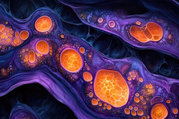 Wall Mural - abstract artwork depicting vibrant orange and purple organic forms resembling cellular structures or