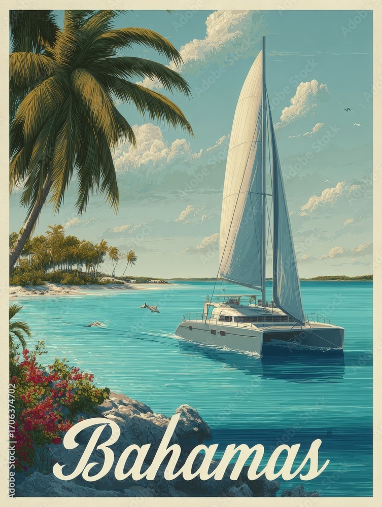 A sailboat glides gracefully across crystal-clear waters, surrounded by lush palm trees and vibrant flowers. The peaceful scene captures the beauty of the Bahamas on a sunny day.