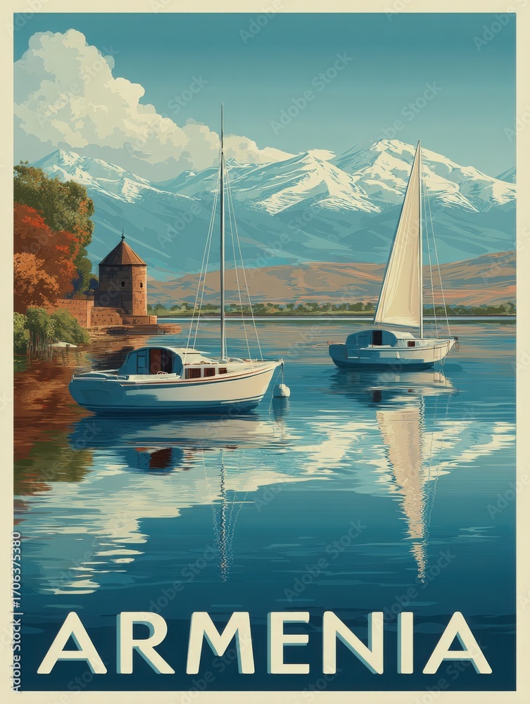 Two sailboats glide across a calm lake in Armenia. Snow-capped mountains rise majestically in the background. Autumn trees add vibrant colors to the scenic view, capturing a peaceful moment.