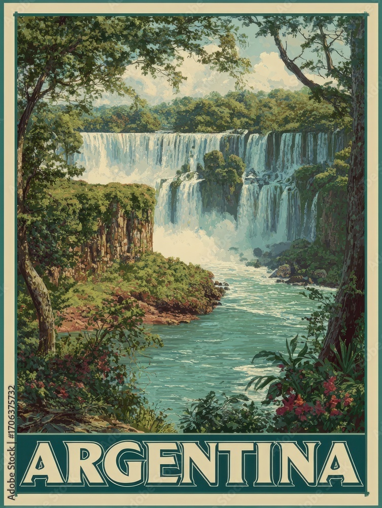 A stunning scene showcases the majestic Iguazu Falls in Argentina, with cascading water, vibrant greenery, and a serene river. This picturesque landscape captures the beauty of nature.