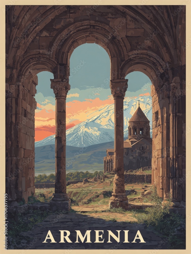 A stunning view of ancient Armenian architecture framed by large stone arches. In the background, majestic mountains rise against a colorful sunset sky, showcasing the beauty of the region.